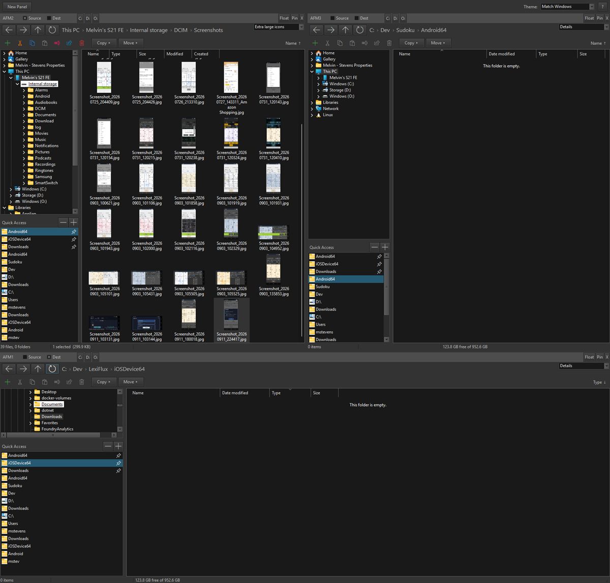 Another File Manager with three panels docked in one window: a phone's photo folder browsed over USB on the left, a folder tree on the right, and a third panel below.