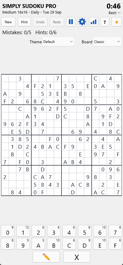 A 16×16 Medium game in play — hex symbols 0 to F, 4×4 boxes, and two rows of eight keys below the board.