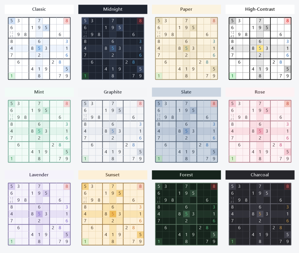 Preview grid of all twelve board looks: Classic, Midnight, Paper, High-Contrast, Mint, Graphite, Slate, Rose, Lavender, Sunset, Forest, Charcoal.