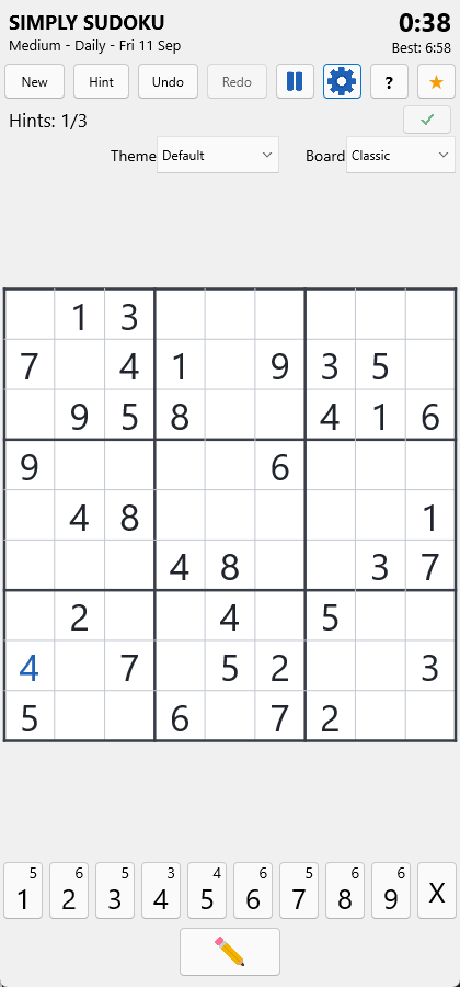 With wrong-number highlighting off, the mistake counter is gone and a check button sits at the right of the status row.