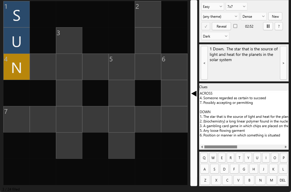 Crosswords in landscape: the grid on the left, the current clue, the full clue list and the keyboard on the right.