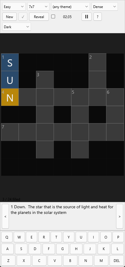 Crosswords in portrait: a 7×7 Easy grid with SUN filled in for 1 Down, the current clue beneath it, and an on-screen keyboard.