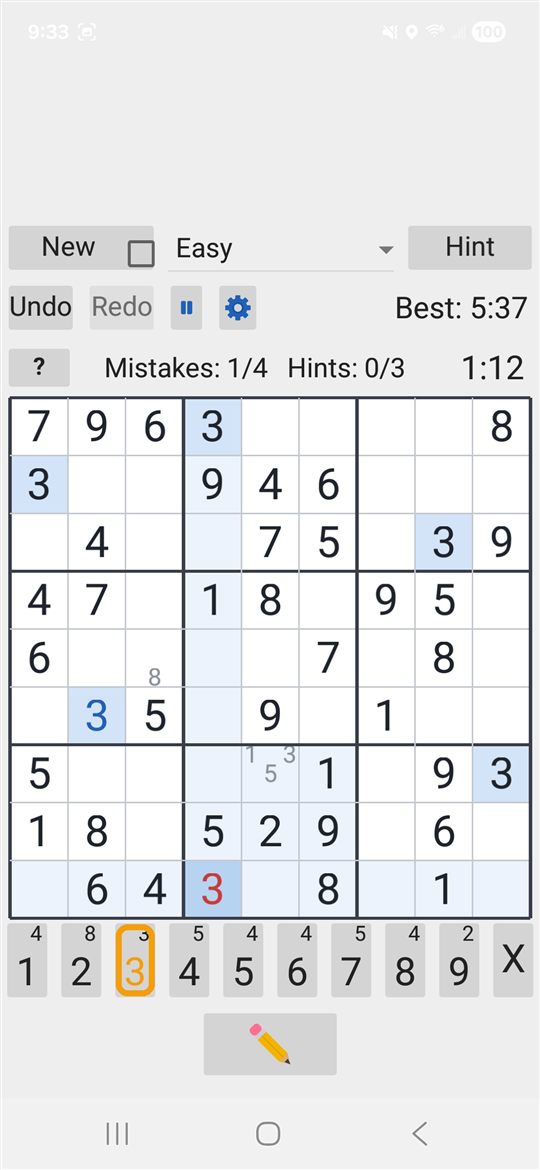 Pencil notes, same-number highlighting, and a wrong entry shown in red.