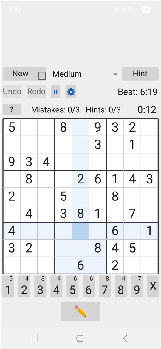 Simply Sudoku on a phone — a Medium puzzle in progress with a clean board, timer, and best time.