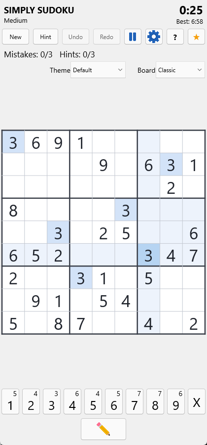 A Medium puzzle mid-game: the selected cell's row, column, box and every matching 3 are highlighted.