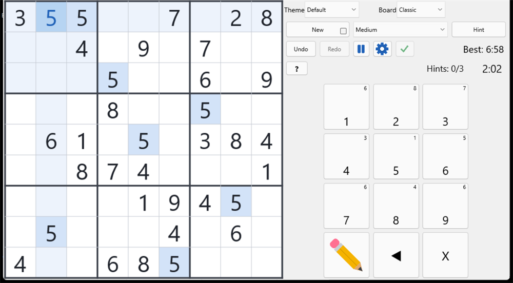Landscape layout: the board on the left, and on the right a 3×3 keypad with pencil, a left-arrow flip control and erase.