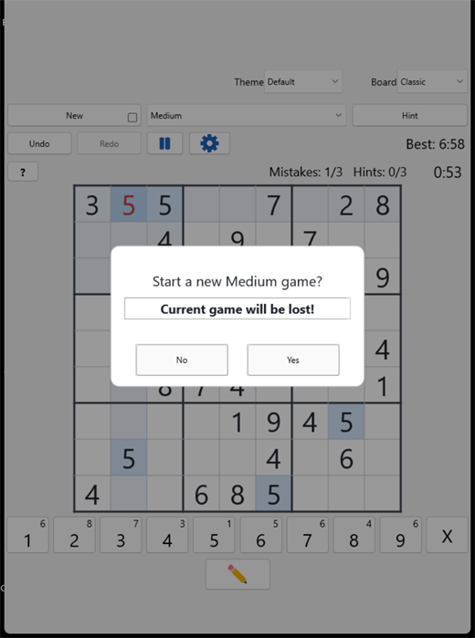 The New-game confirmation: “Start a new Medium game? Current game will be lost!” with No and Yes buttons.