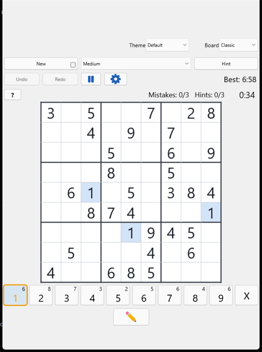 The number 1 key framed in amber as the active sticky pen, with every 1 on the board highlighted.