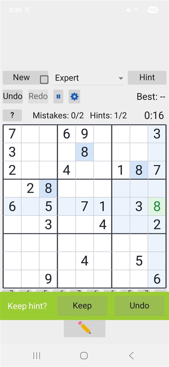 A hint revealing a digit in green with a Keep or Undo bar.