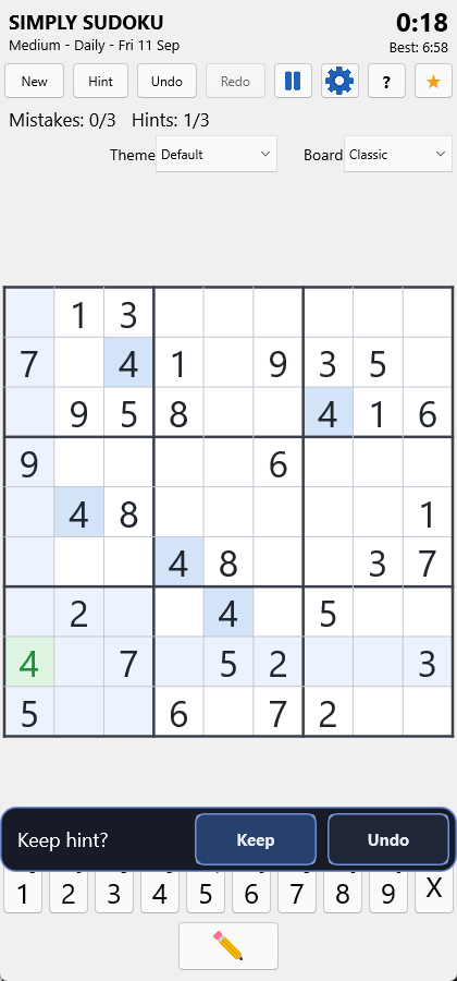 A hint revealing a 4 in green with a Keep or Undo bar.