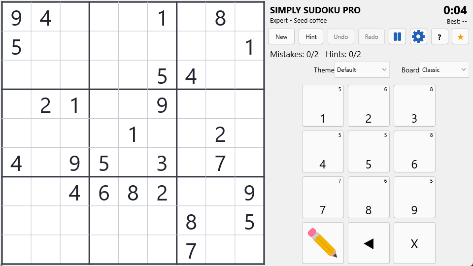 Landscape layout: the board on the left, and on the right the header, toolbar and a 3×3 keypad with pencil, a left-arrow flip control and erase.
