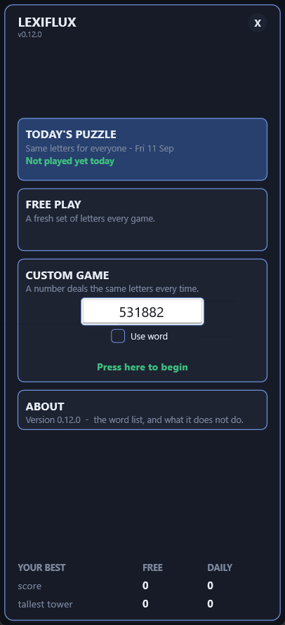 The LexiFlux new-game panel: Today's Puzzle, Free Play, Custom Game with a seed box, About, and your best scores.