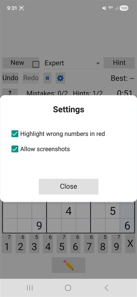 Settings with highlight-wrong-numbers and allow-screenshots toggles.