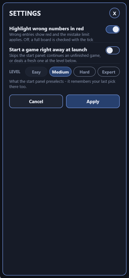 Settings: Highlight wrong numbers in red, Start a game right away at launch, the level pills, and ’cel / Apply.