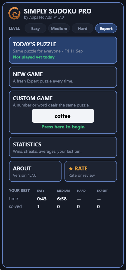 The Pro start panel with Expert selected and the Custom Game seed box reading 'coffee'.
