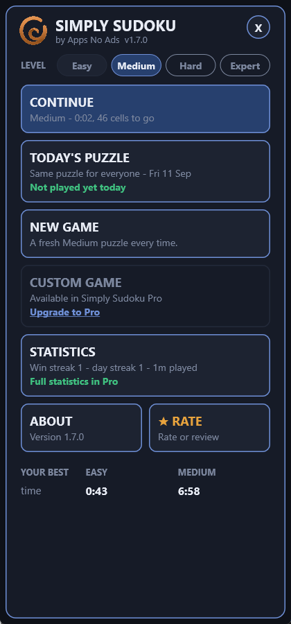 The start panel: Easy, Medium, Hard and Expert pills, then Continue, Today's Puzzle, New Game, Custom Game, Statistics, About and Rate cards, and a Your Best table.