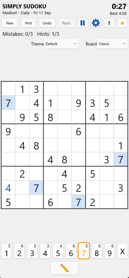 The 7 key framed in amber as the sticky pen, with every 7 on the board highlighted.