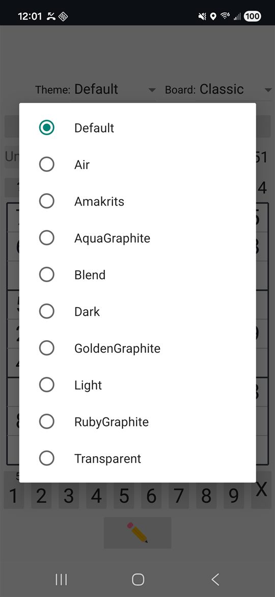 The Theme picker with several app themes to choose from.
